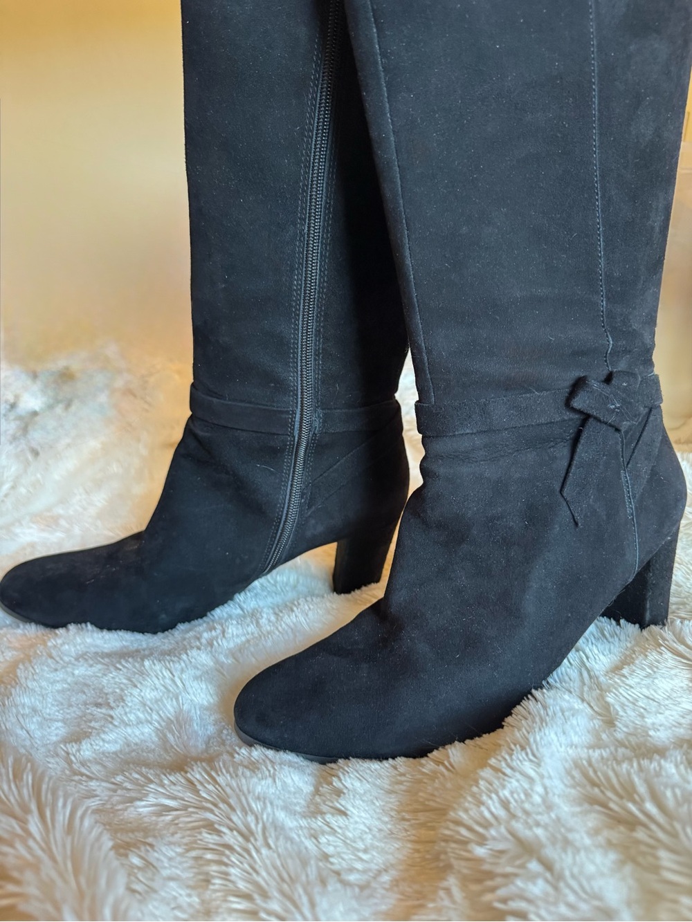 Bandolino Black Suede Knee-High Block Heel Boots with Ankle Tie Detail